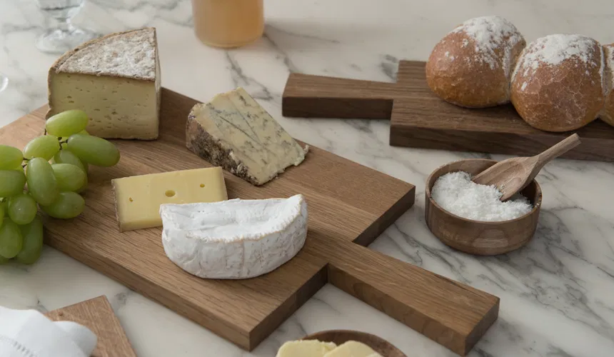Frühstücksbrettchen aus Eiche auf dem gedeckten Tisch mit Käse Frühstücksbrettchen aus Eiche auf dem gedeckten Tisch mit Käse